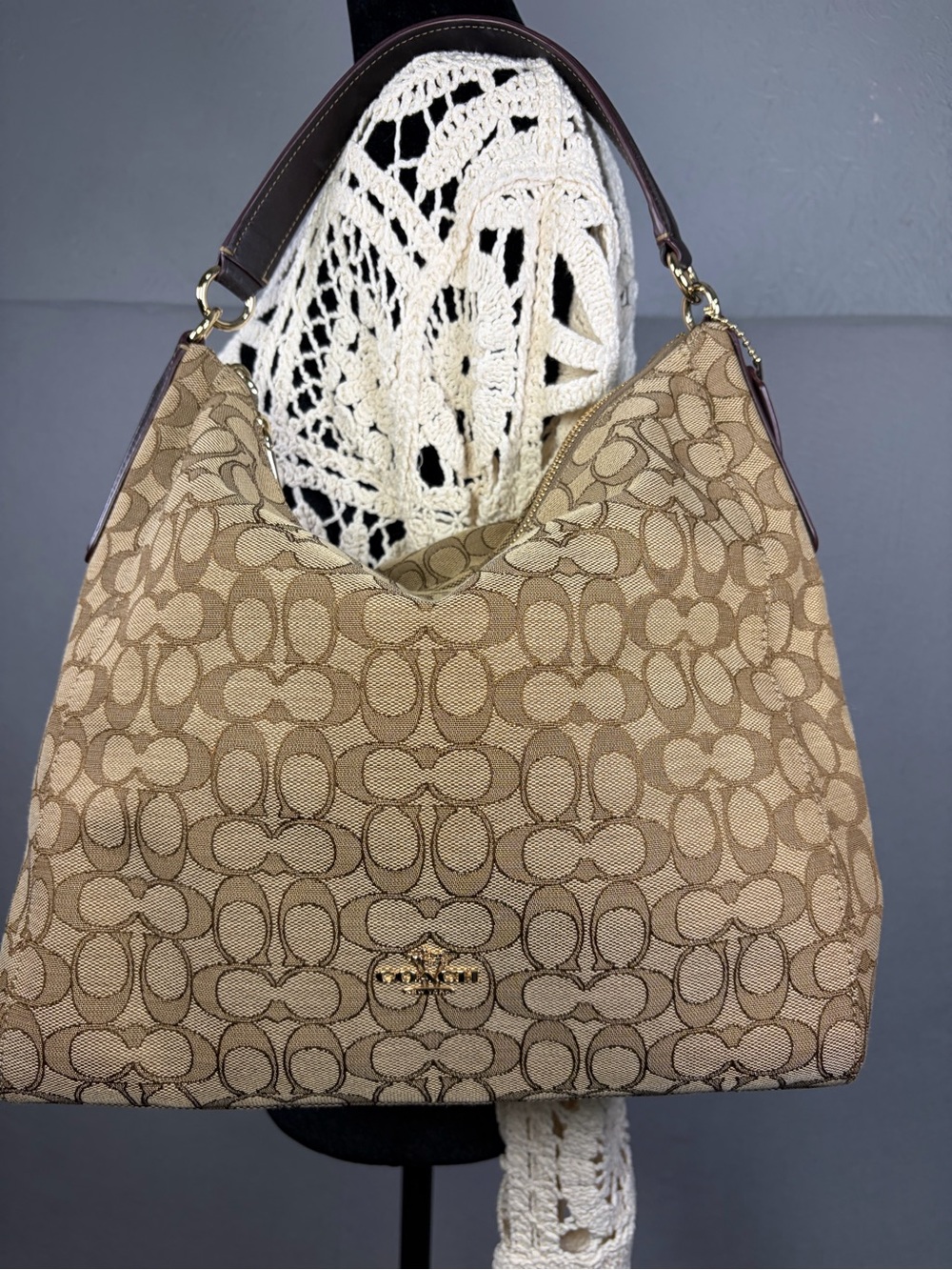 Coach Outline Signature Celeste Convertible Hobo Shoulder Bag - Khaki/Brown